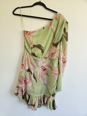 Express One Shoulder Floral Mini Dress Green Pink Ruffle Hem Size S